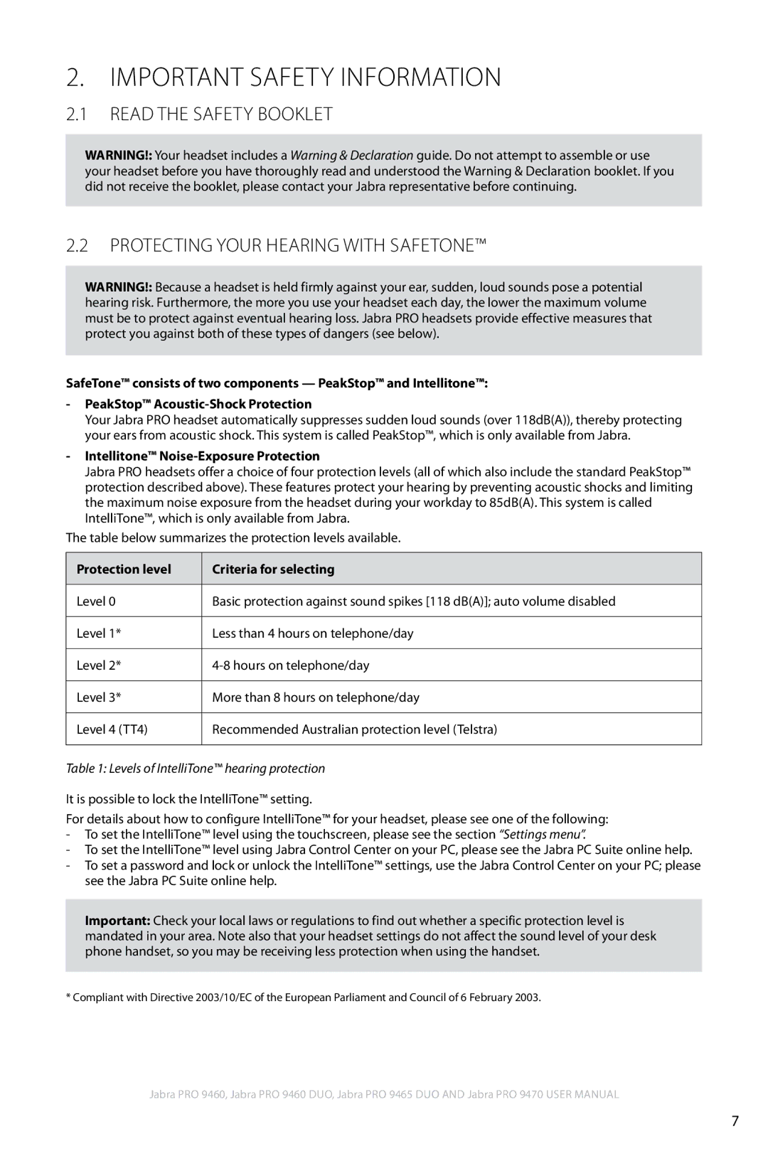 Jabra 9460 Important Safety Information, Intellitone Noise-Exposure Protection, Protection level Criteria for selecting 