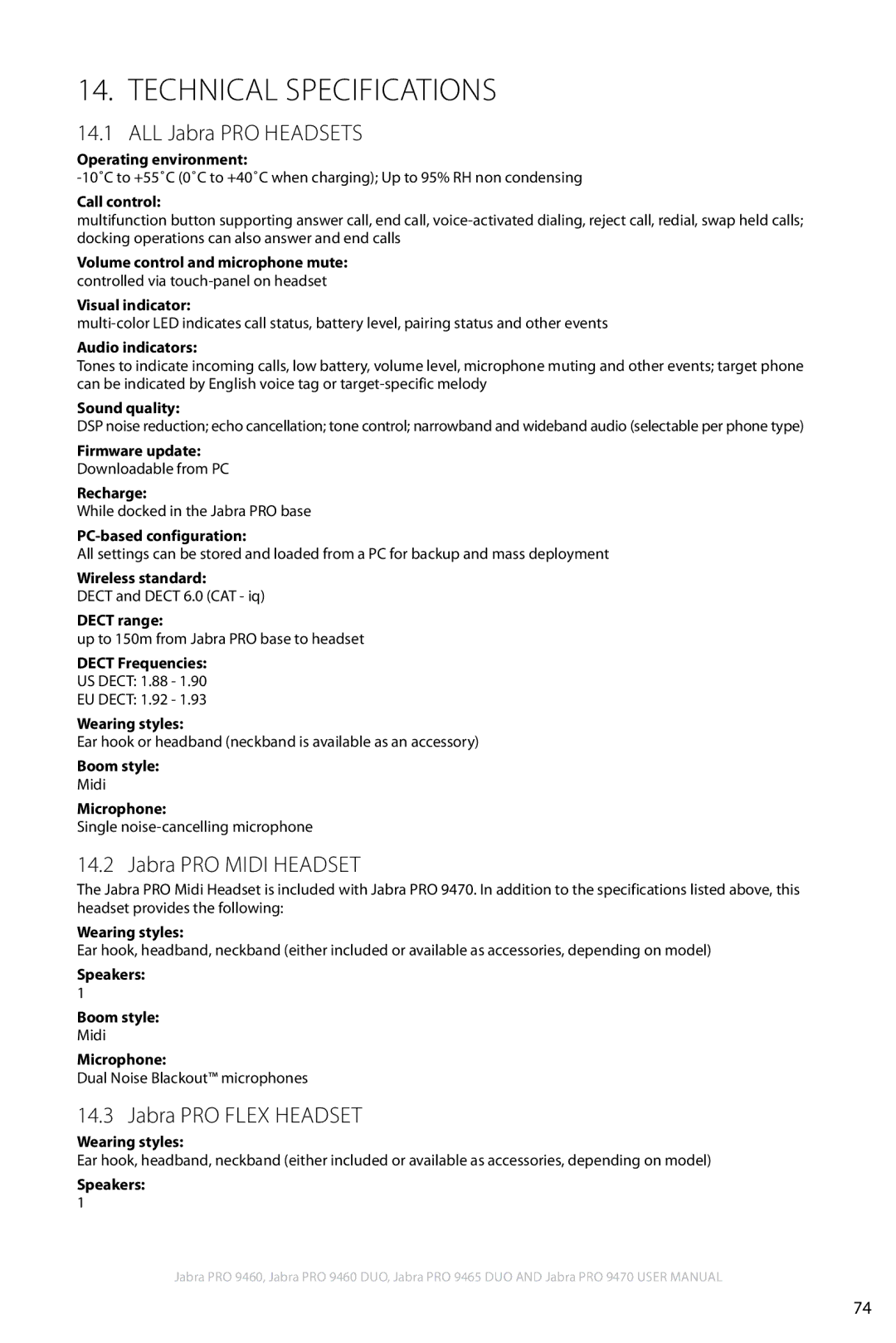 Jabra 9460 user manual Technical Specifications, All Jabra PRO Headsets, Jabra PRO Midi Headset, Jabra PRO Flex Headset 