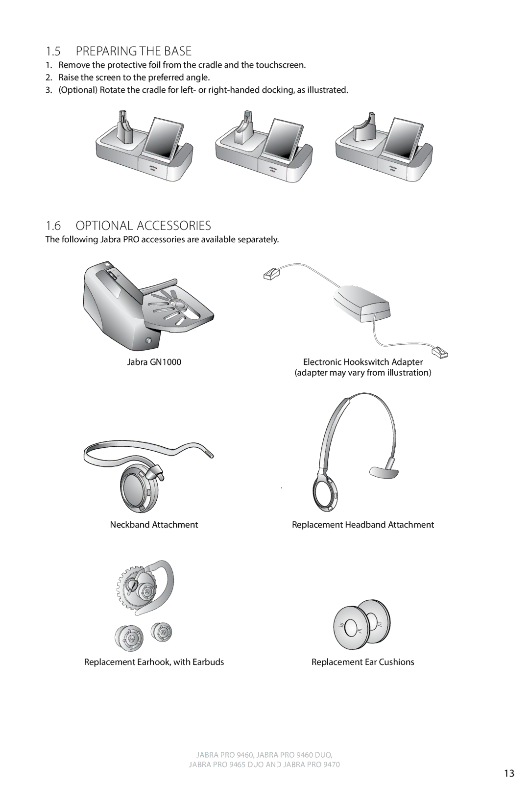 Jabra 9460 user manual Preparing the Base, Optional Accessories 