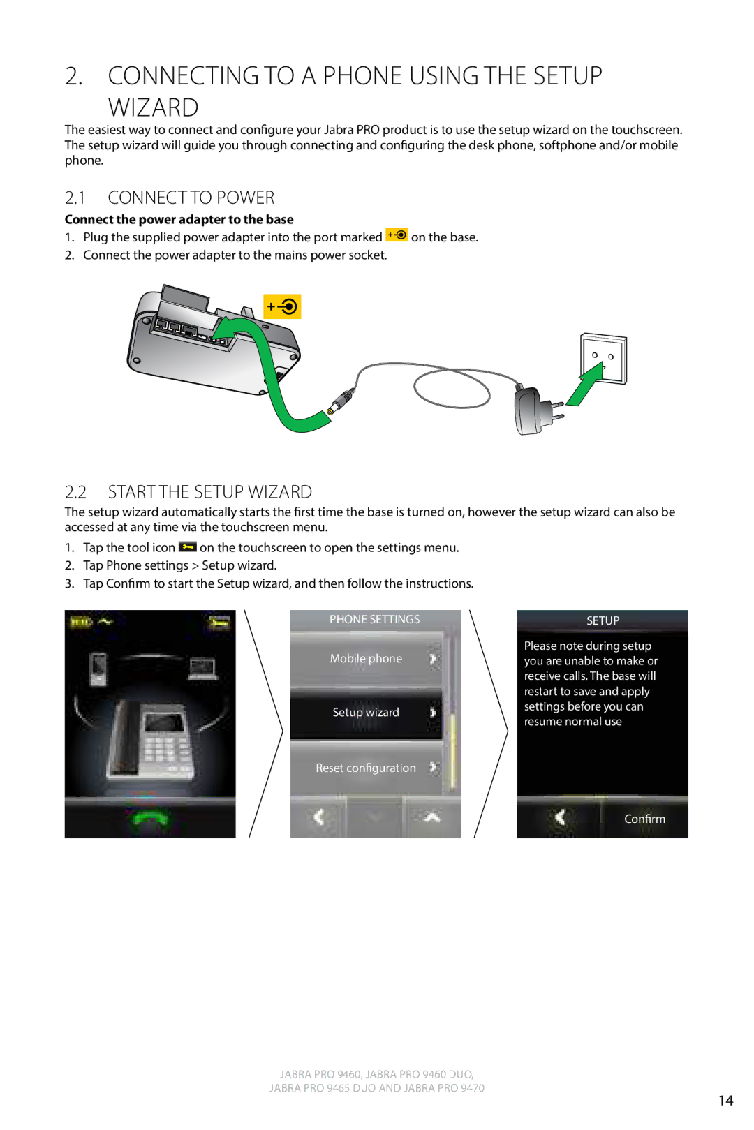 Jabra 9460 user manual Connecting to a phone using the setup wizard, Connect to Power, Start the Setup Wizard 