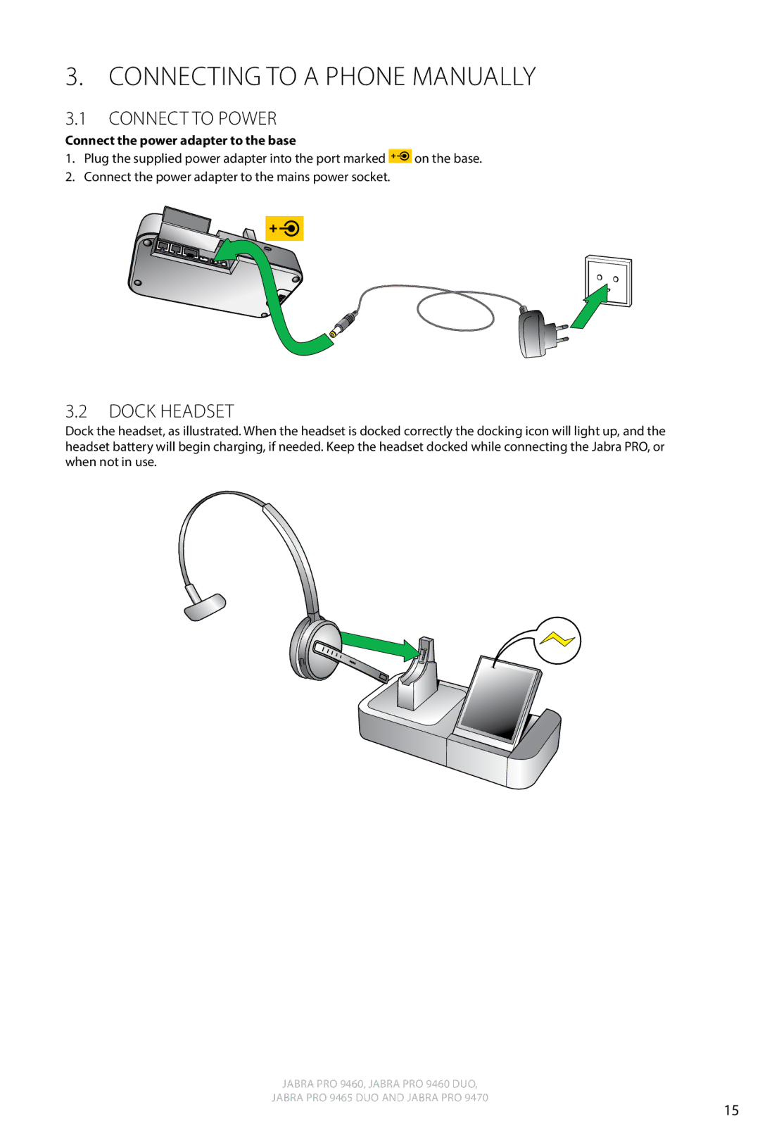 Jabra 9460 user manual Connecting to a phone manually, Dock Headset 