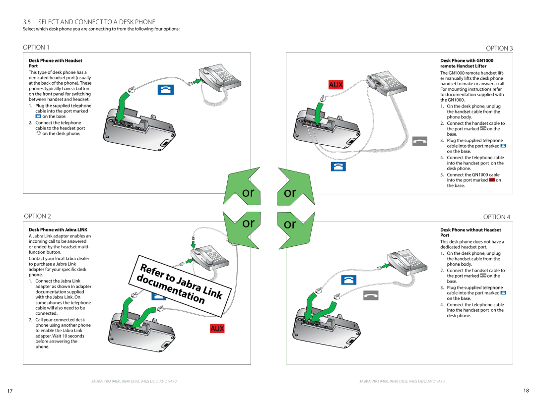 Jabra 9460 user manual Select and Connect to a Desk Phone, Option, Desk Phone with Headset Port, Desk Phone with Jabra Link 