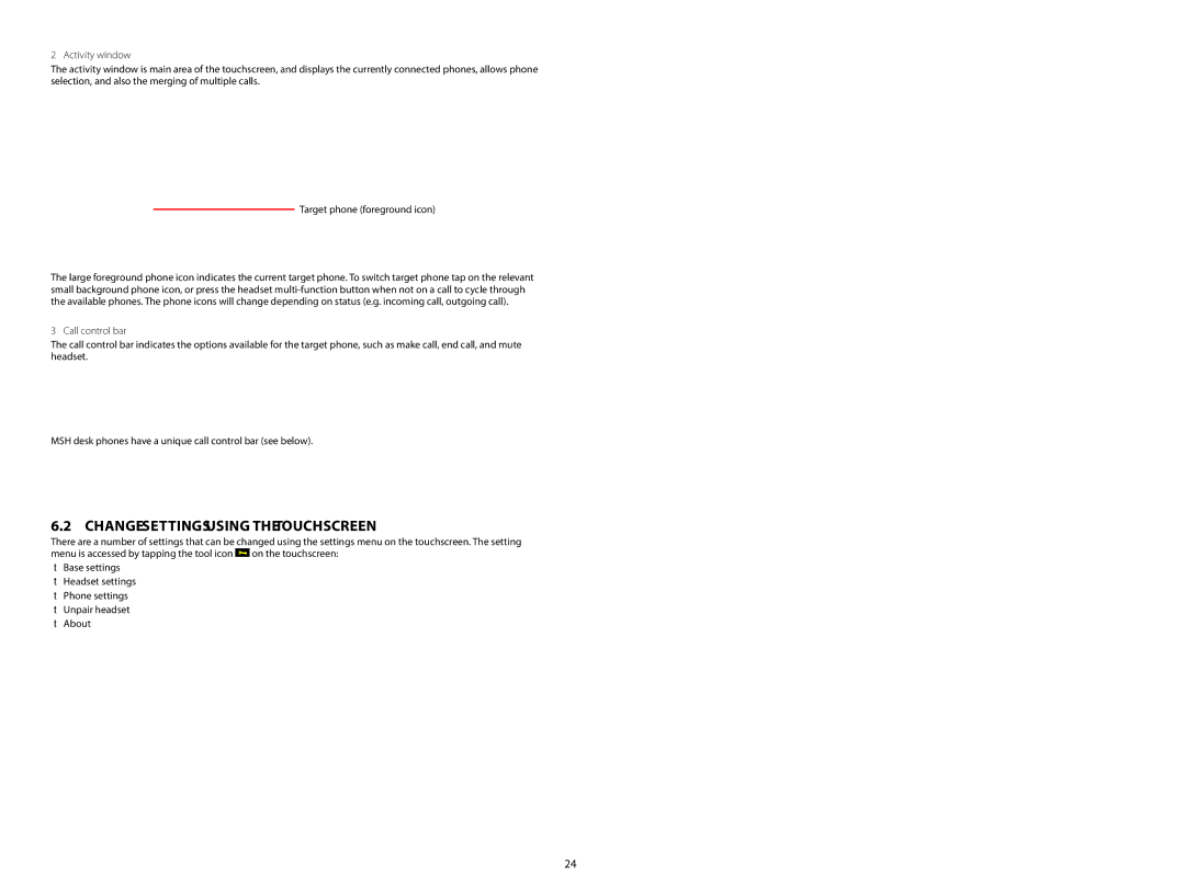 Jabra 9460 user manual Change Settings using the Touchscreen, Activity window, Call control bar 