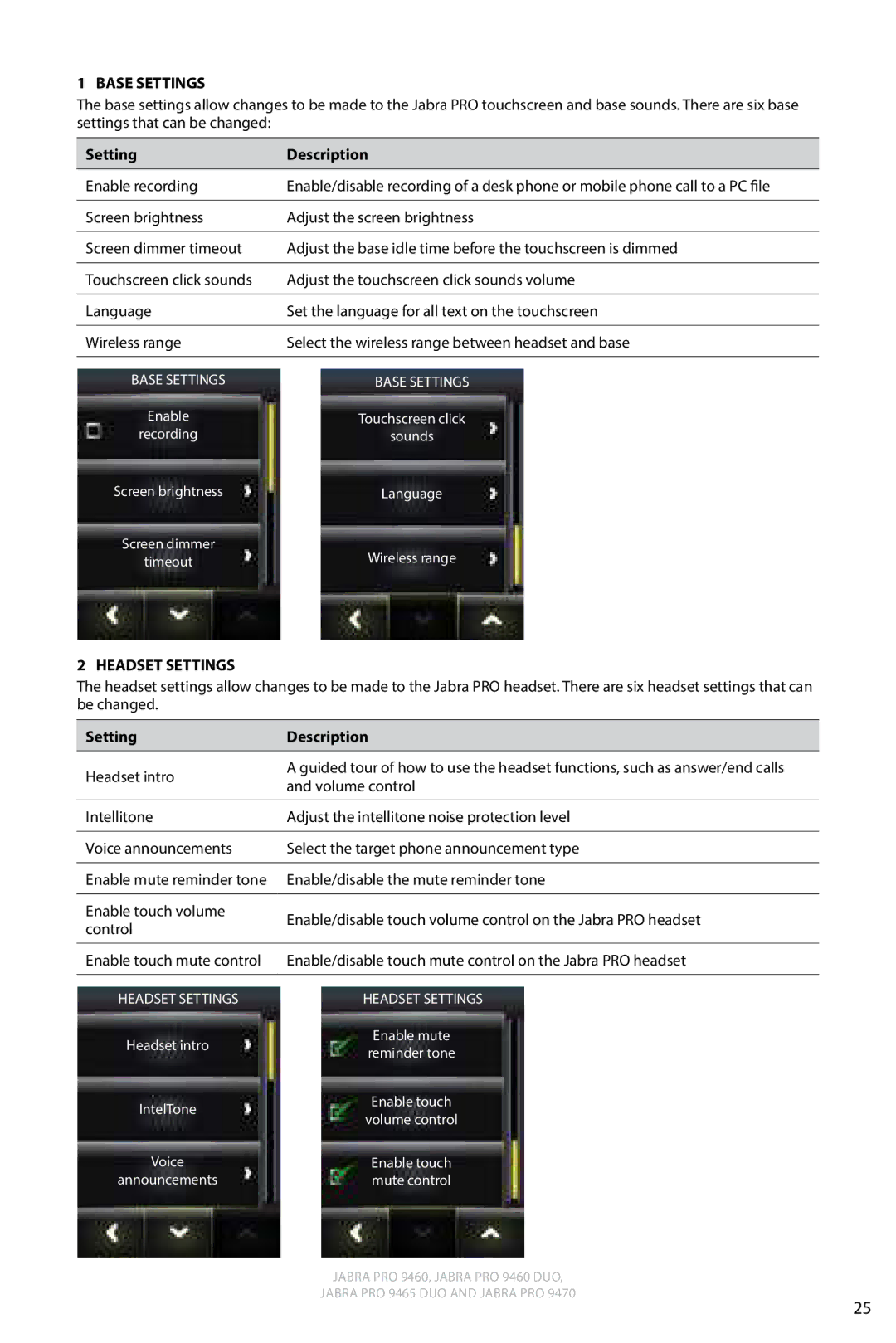 Jabra 9460 user manual Base Settings, Setting Description 