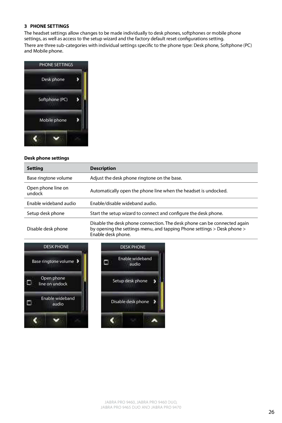 Jabra 9460 user manual Phone Settings, Desk phone settings Setting Description 