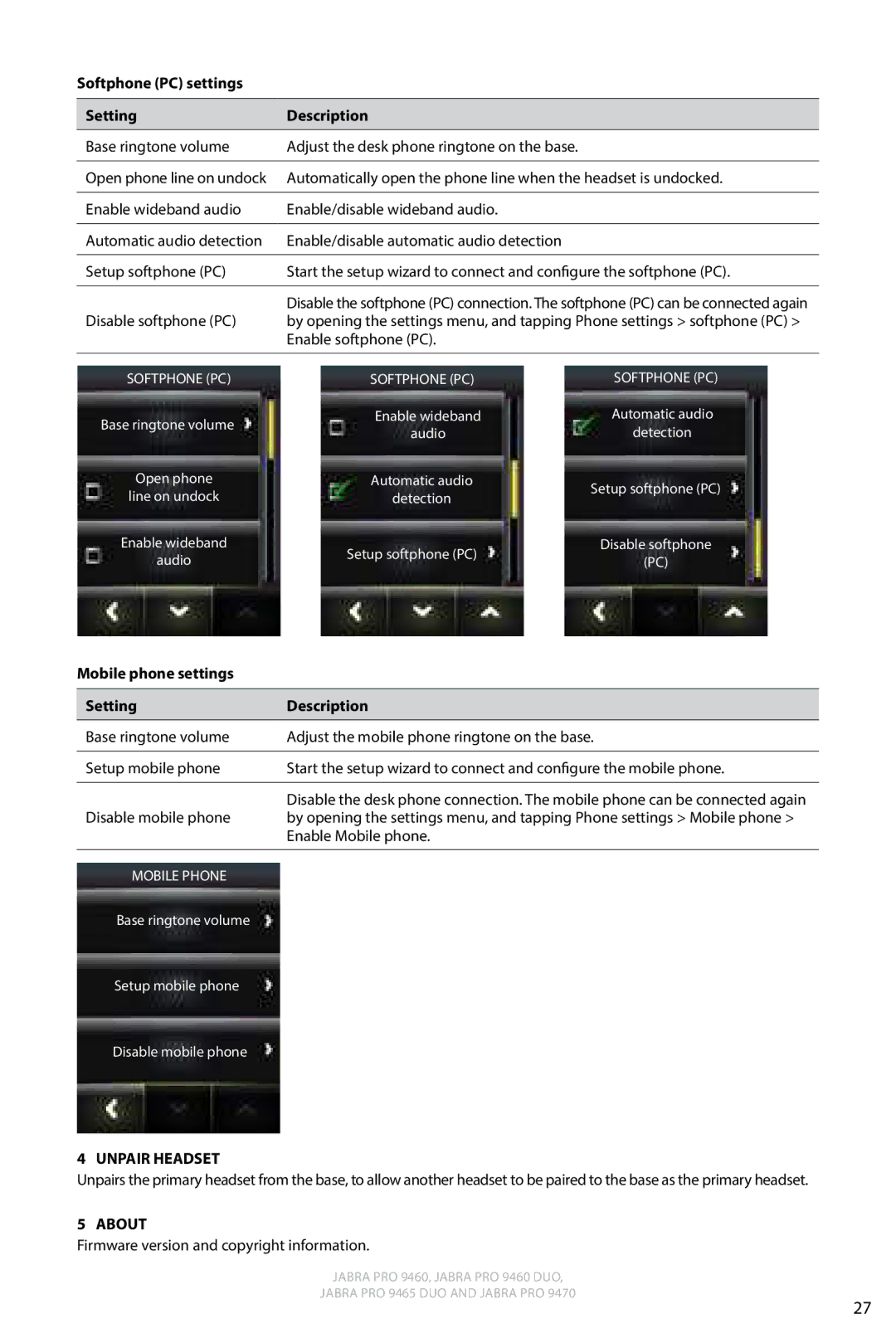 Jabra 9460 user manual Softphone PC settings Setting Description, Mobile phone settings Setting Description 