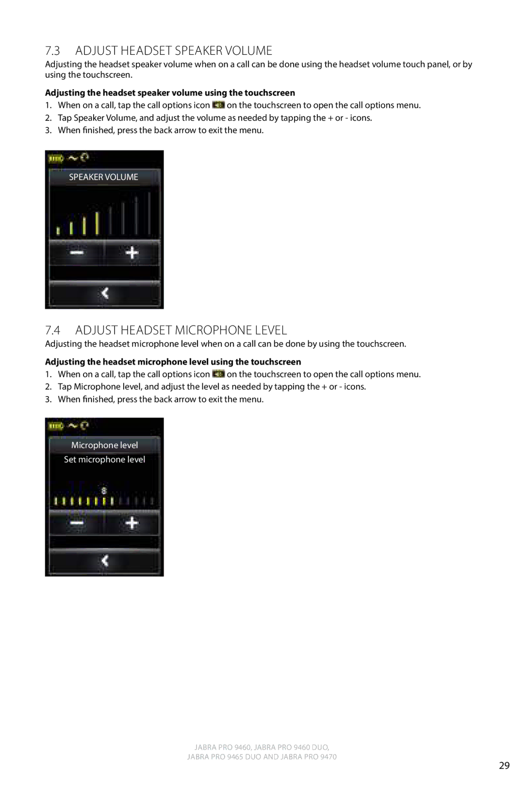 Jabra 9460 user manual Adjust Headset Speaker Volume, Adjust Headset Microphone Level 