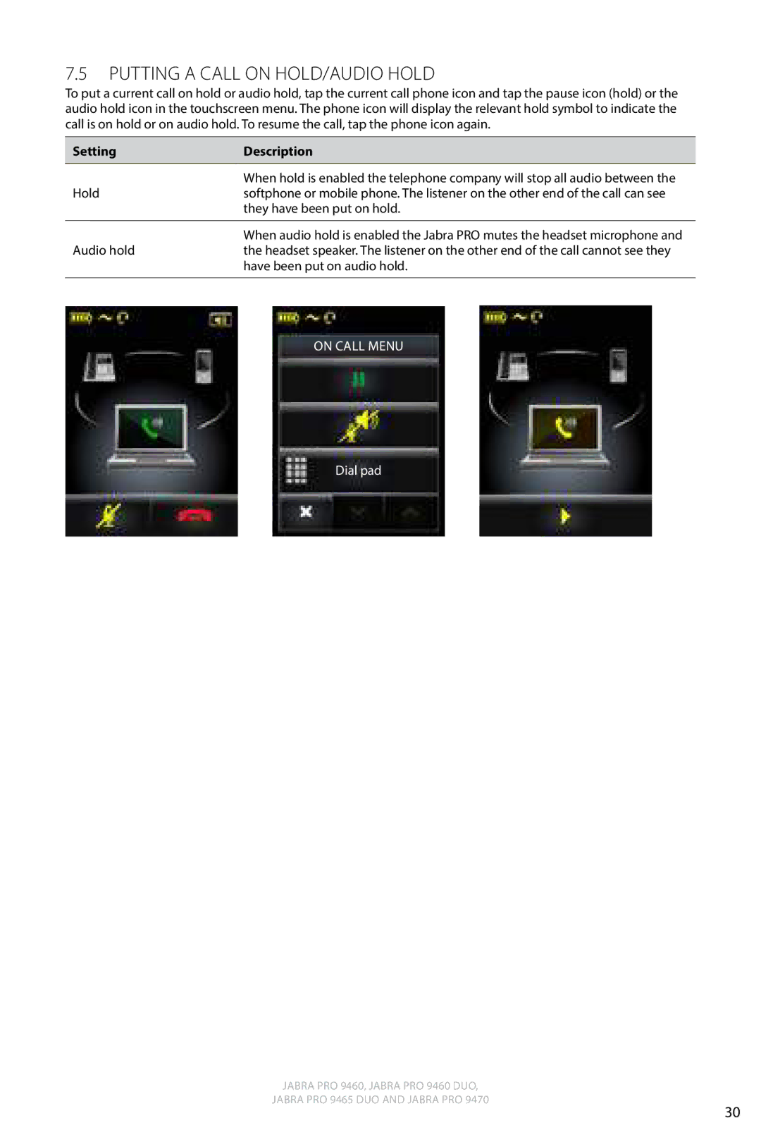 Jabra 9460 user manual Putting a Call on Hold/Audio Hold, SettingDescription 