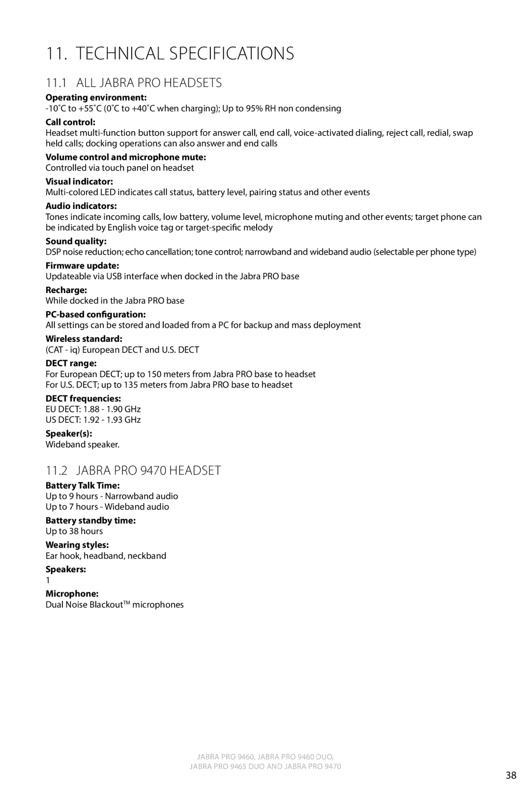 Jabra 9460 user manual Technical Specifications, All Jabra PRO Headsets, Jabra PRO 9470 Headset 