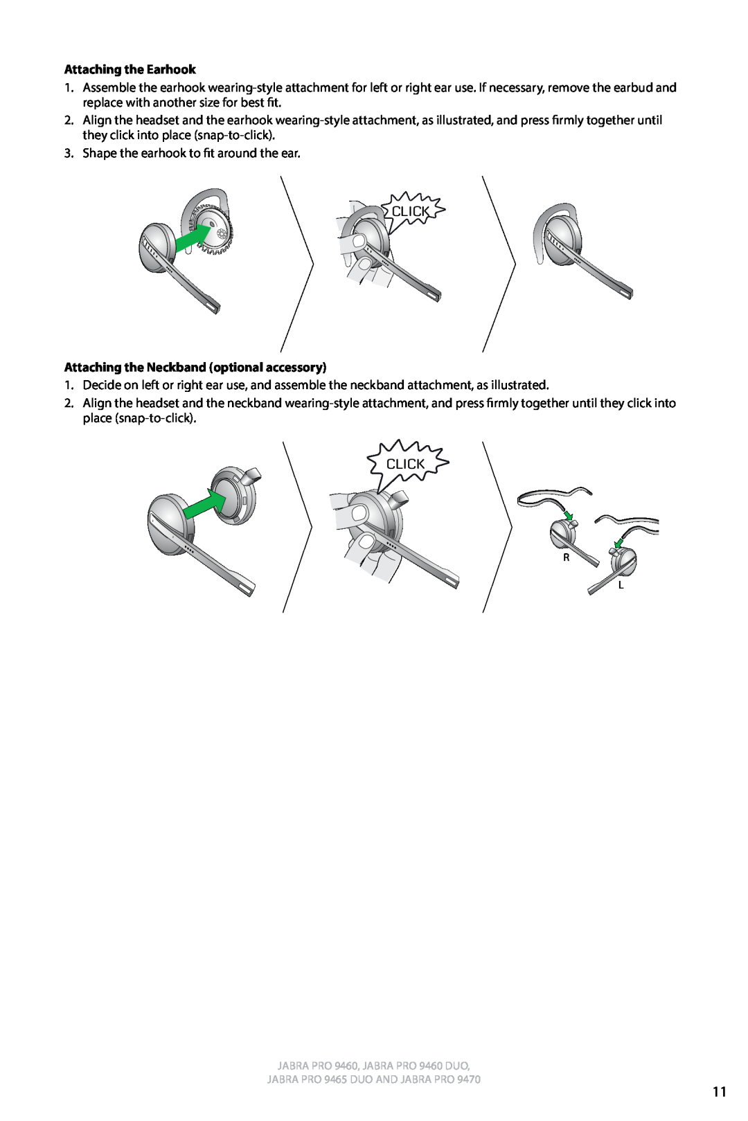 Jabra 9460 user manual Attaching the Earhook, Attaching the Neckband optional accessory, Click 