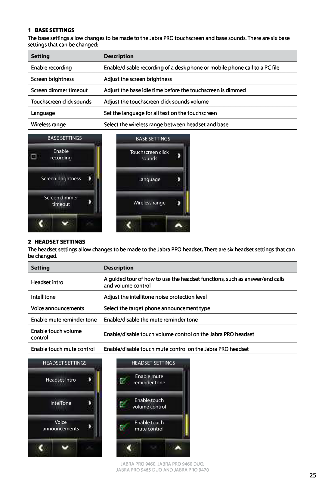 Jabra 9460 user manual Base Settings, Description, Headset Settings 