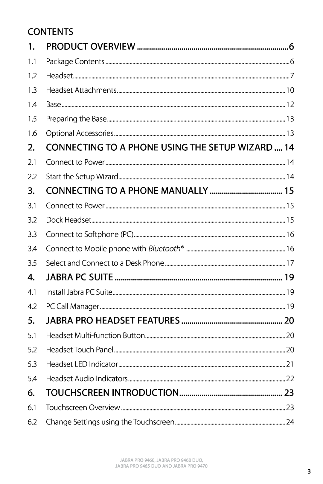 Jabra 9460 user manual CONNECTING TO a phone manually, Contents, CONNECTING TO a phone using the setup wizard 