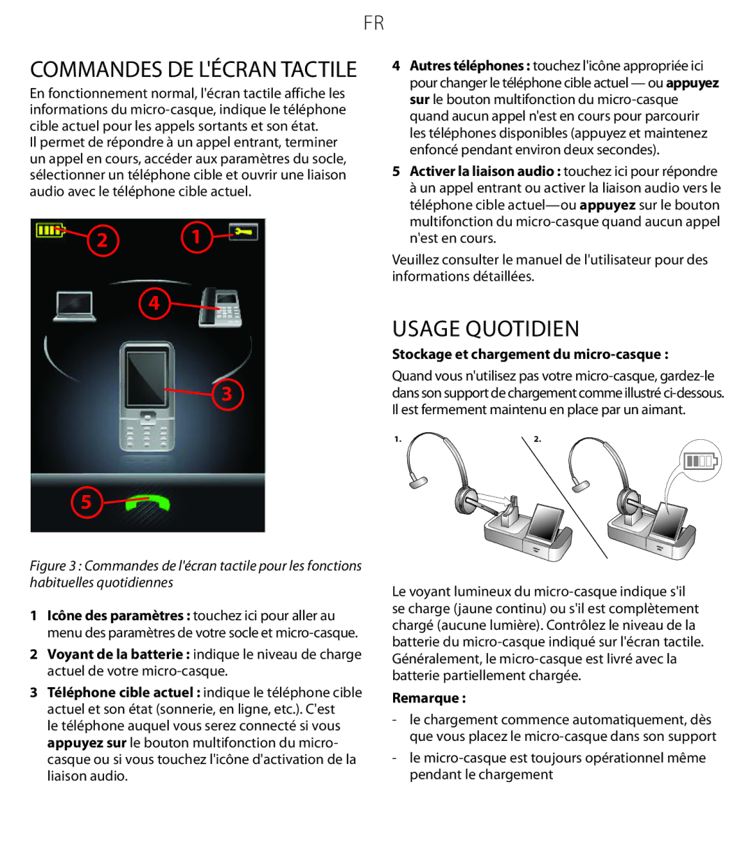 Jabra 9470 quick start Commandes de lécran tactile, Usage quotidien, Stockage et chargement du micro-casque, Remarque 