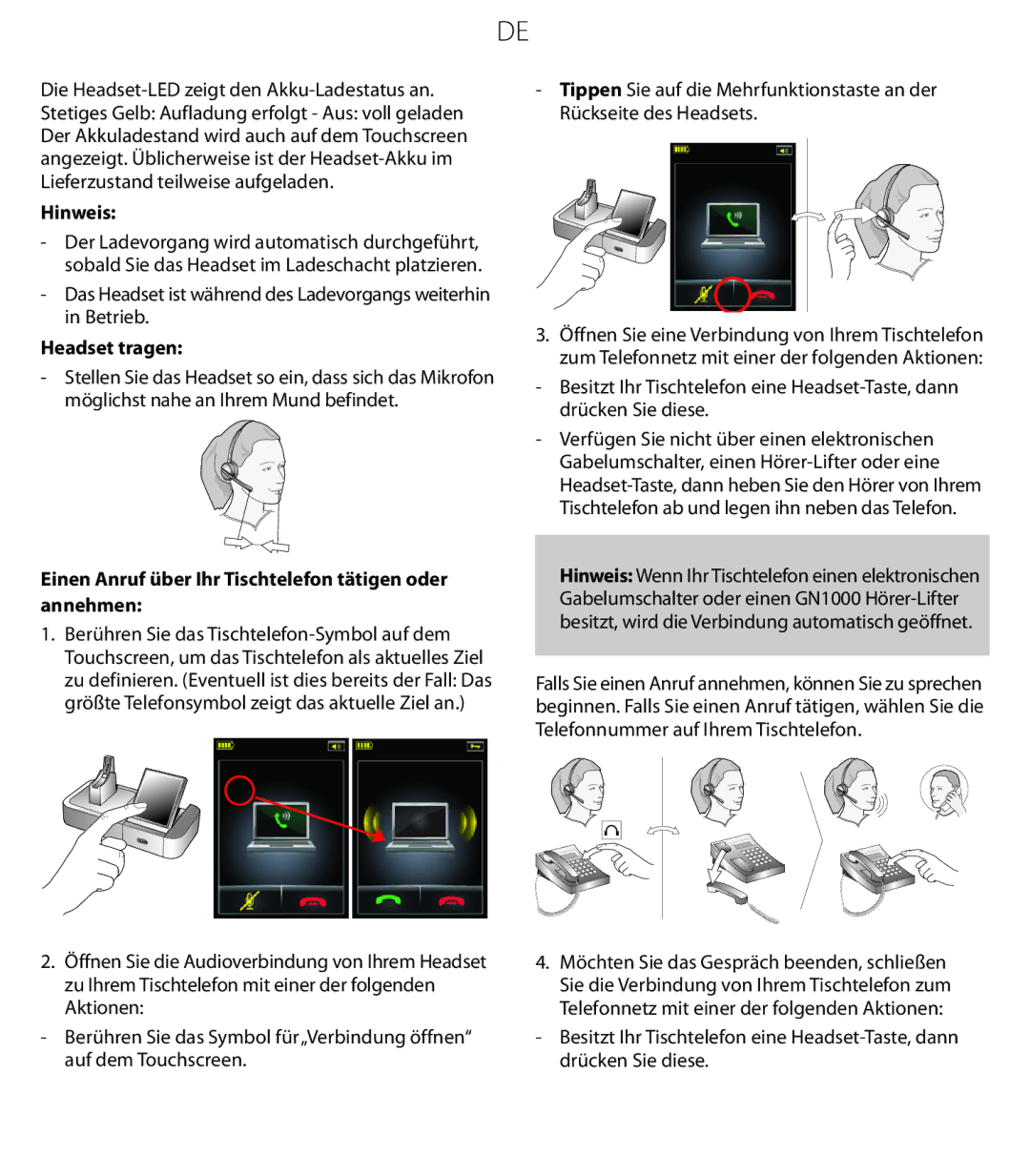 Jabra 9470 quick start Hinweis, Headset tragen, Einen Anruf über Ihr Tischtelefon tätigen oder annehmen 