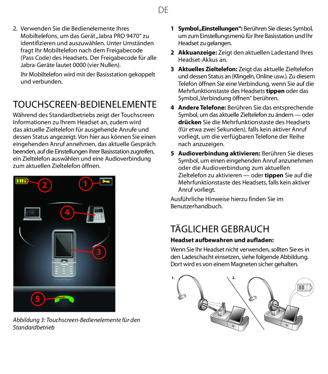 Jabra 9470 quick start Touchscreen-Bedienelemente, Täglicher Gebrauch, Headset aufbewahren und aufladen 