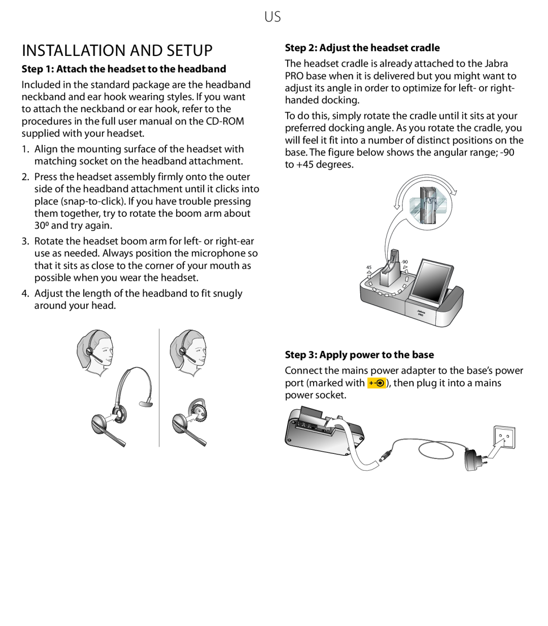 Jabra 9470 Installation and Setup, Attach the headset to the headband, Adjust the headset cradle, Apply power to the base 