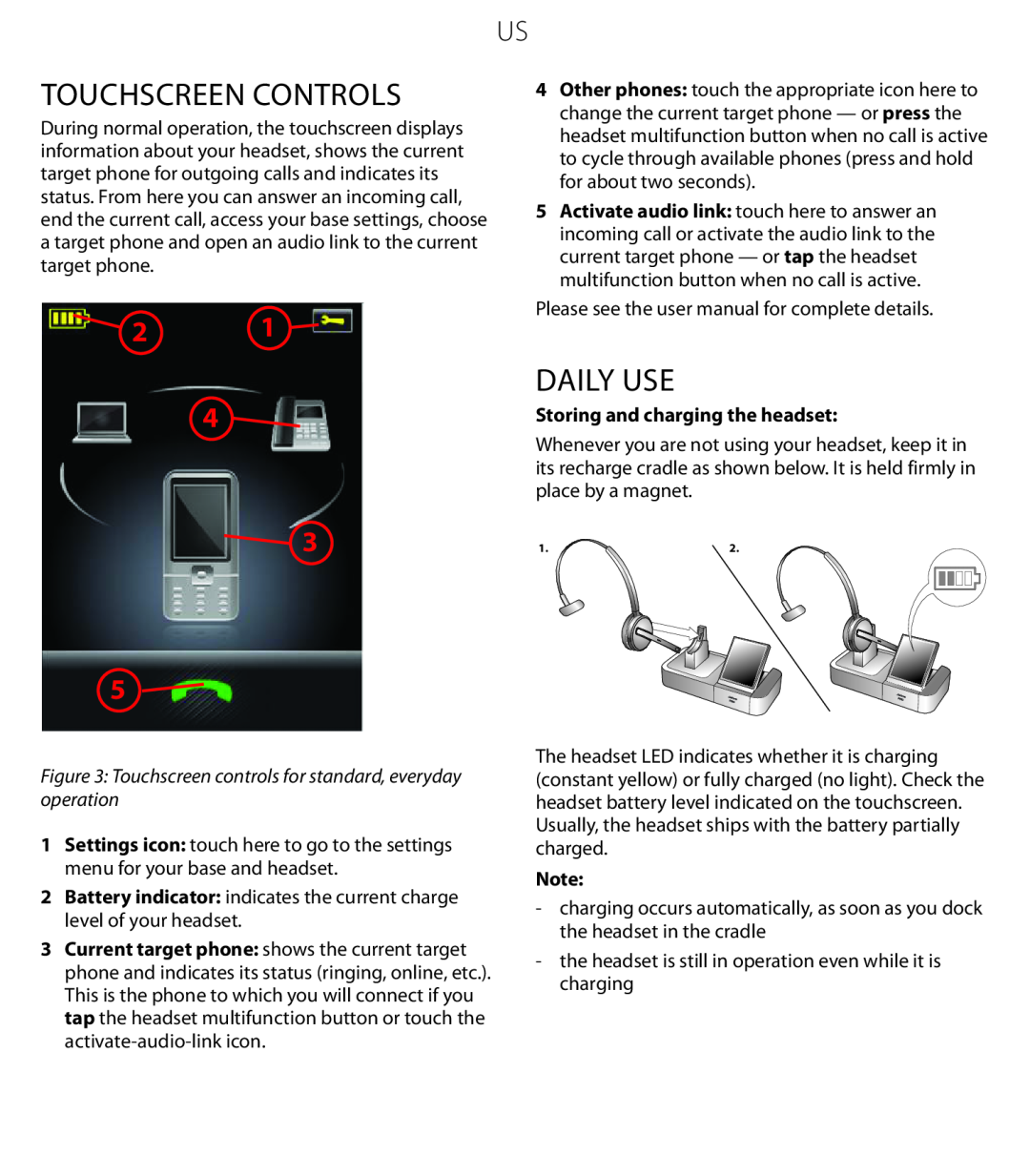 Jabra 9470 quick start Touchscreen Controls, Daily Use, Storing and charging the headset 