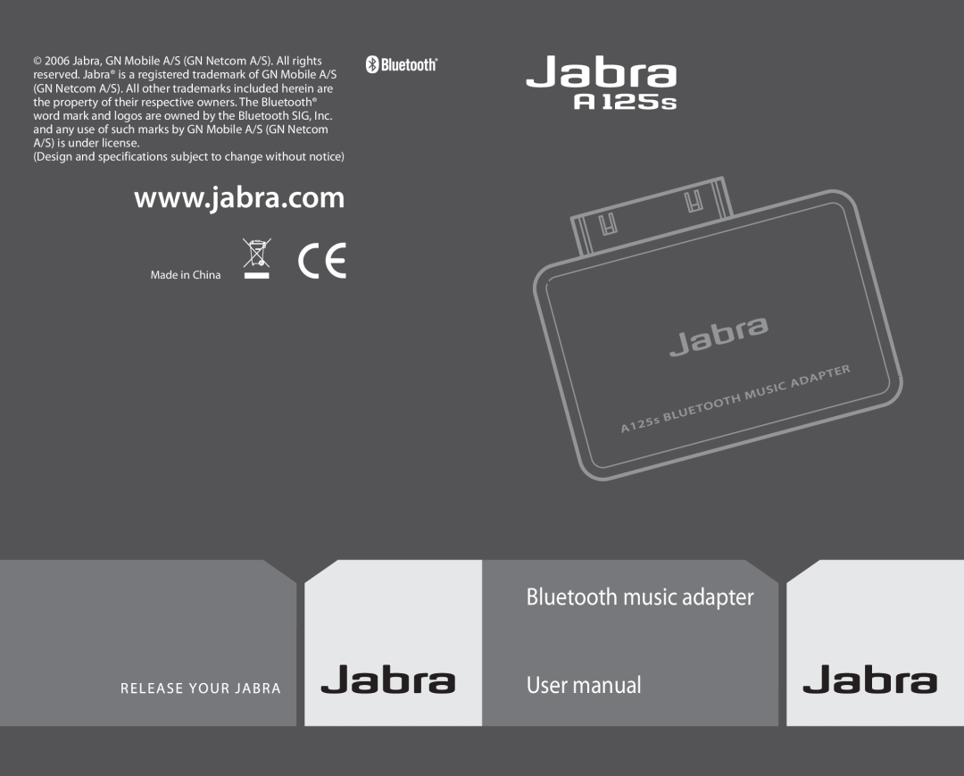 Jabra A125s user manual Bluetooth music adapter, User manual 