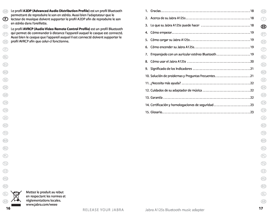 Jabra user manual Release Your Jabra, Jabra A125s Bluetooth music adapter, Gracias 