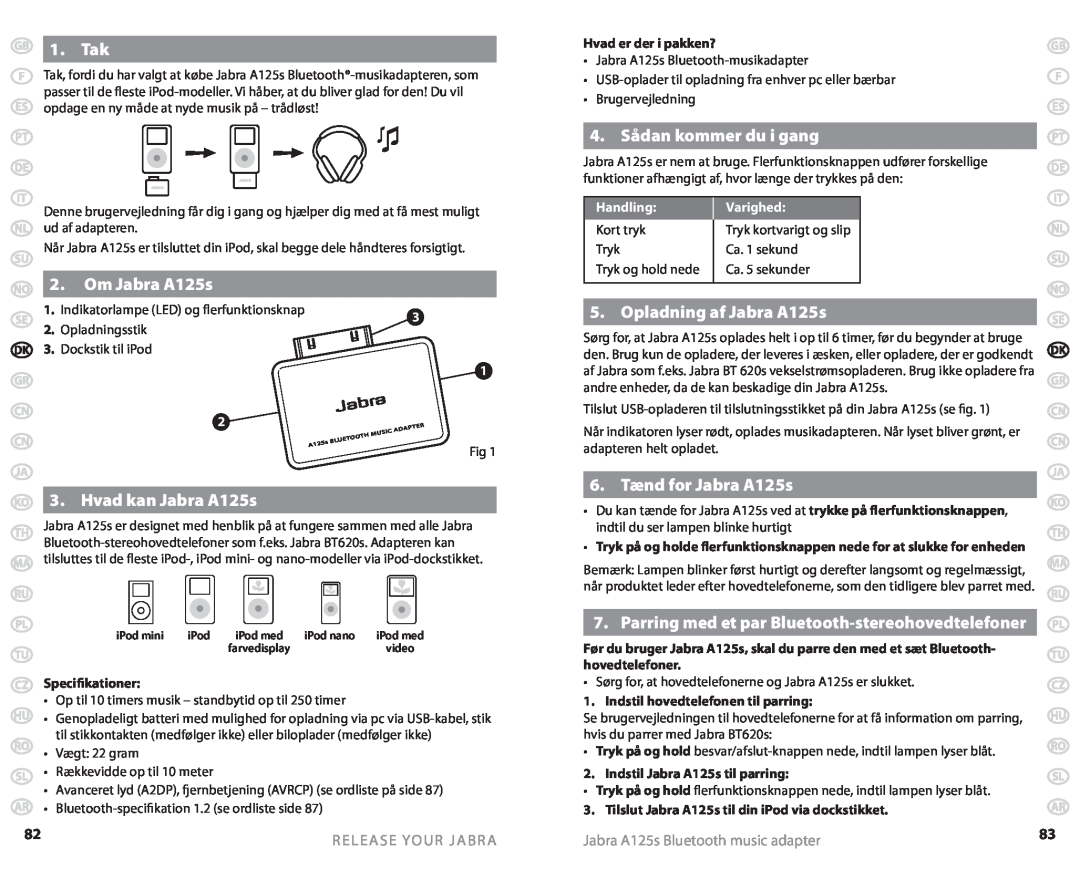 Jabra Tak, Hvad kan Jabra A125s, 4. Sådan kommer du i gang, Opladning af Jabra A125s, 6. Tænd for Jabra A125s, Handling 