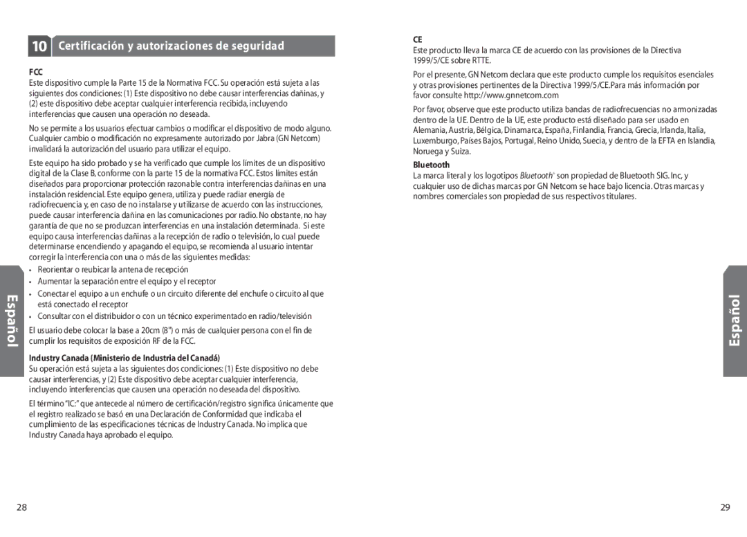 Jabra A210 user manual Certificación y autorizaciones de seguridad, Industry Canada Ministerio de Industria del Canadá 