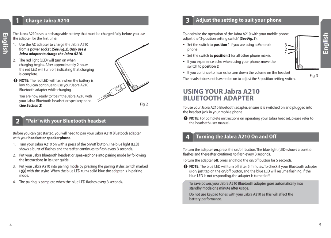 Jabra user manual Charge Jabra A210, Pairwith your Bluetooth headset, Adjust the setting to suit your phone 