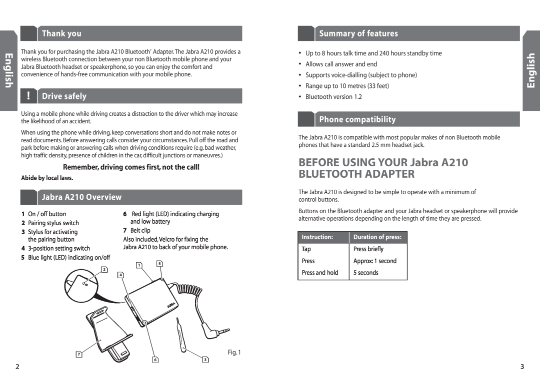 Jabra user manual BEFORE USING YOUR Jabra A210 BLUETOOTH ADAPTER, English, Thank you, Drive safely, Jabra A210 Overview 