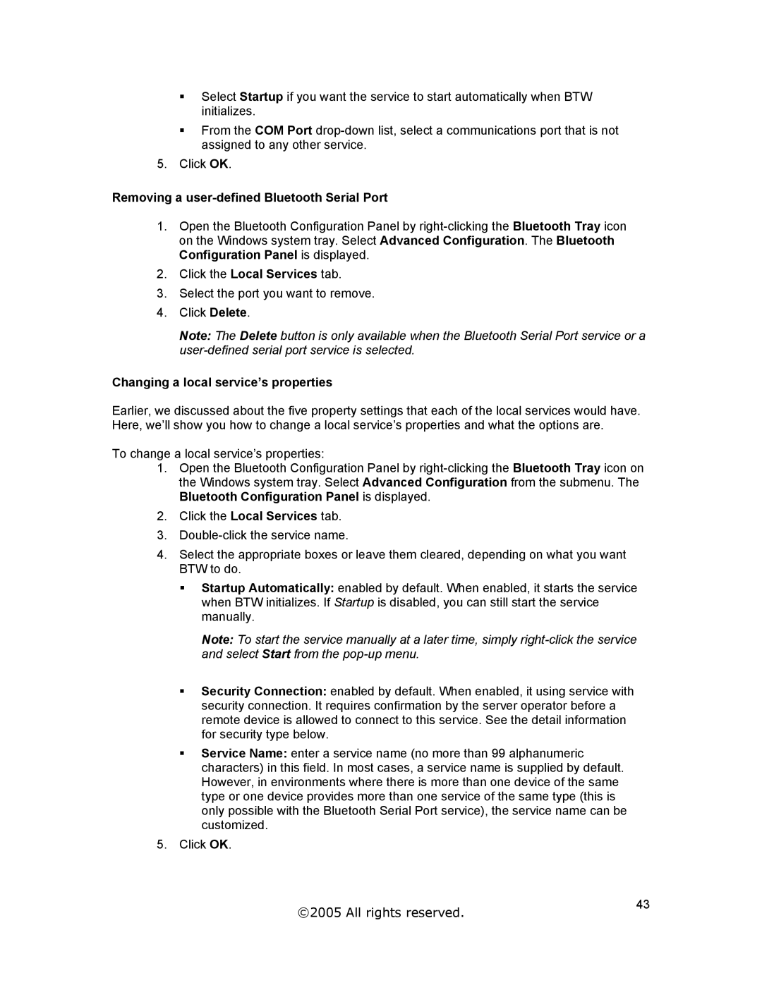 Jabra A320s user manual Removing a user-defined Bluetooth Serial Port, Click the Local Services tab 