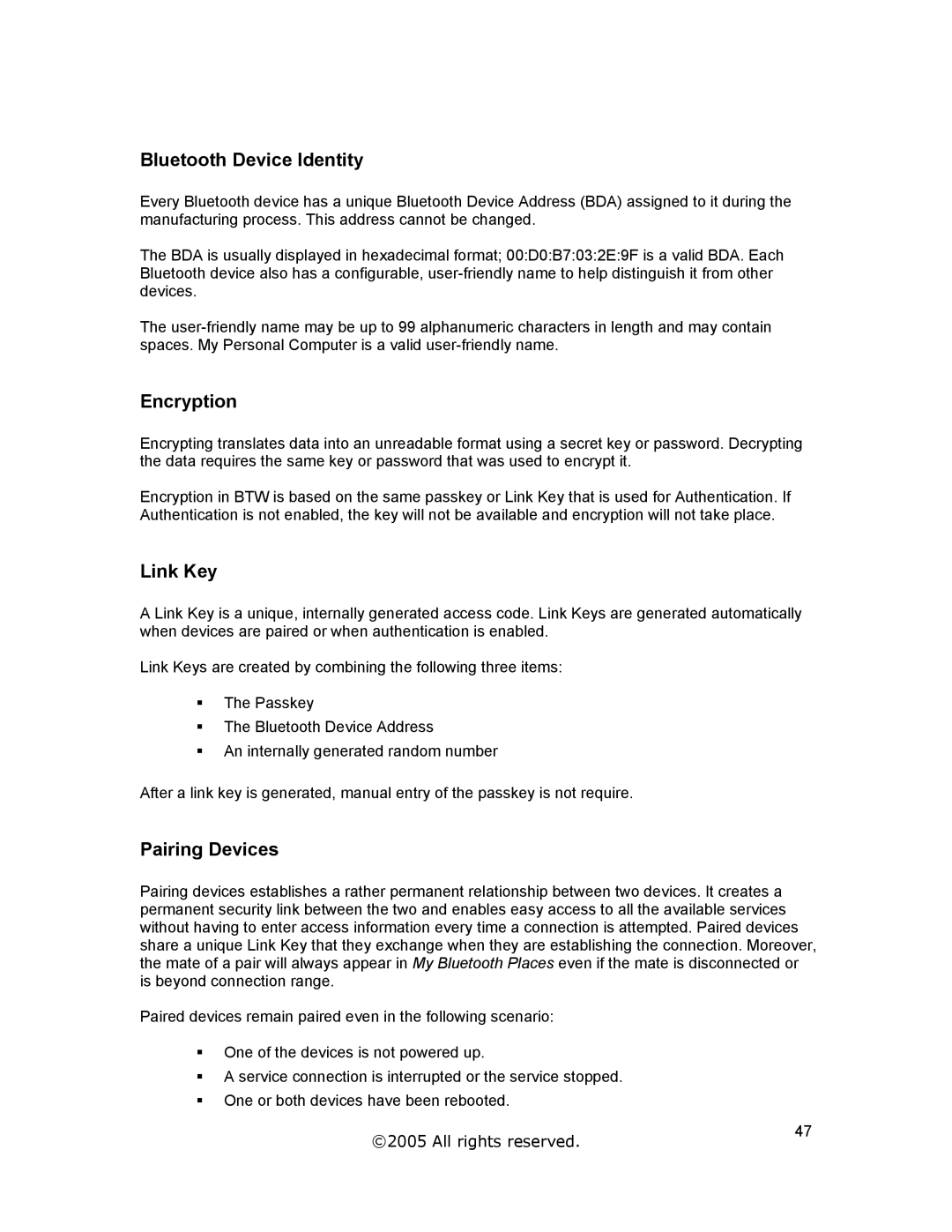 Jabra A320s user manual Bluetooth Device Identity, Encryption, Link Key, Pairing Devices 