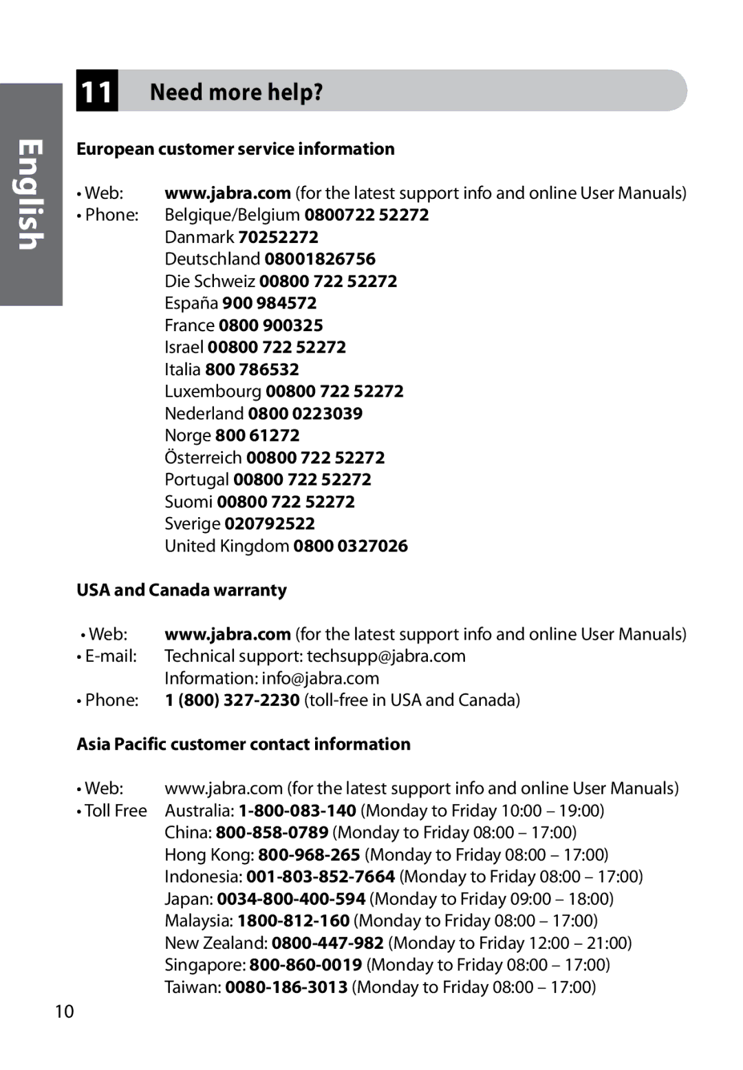 Jabra A335w user manual Need more help?, European customer service information, USA and Canada warranty 