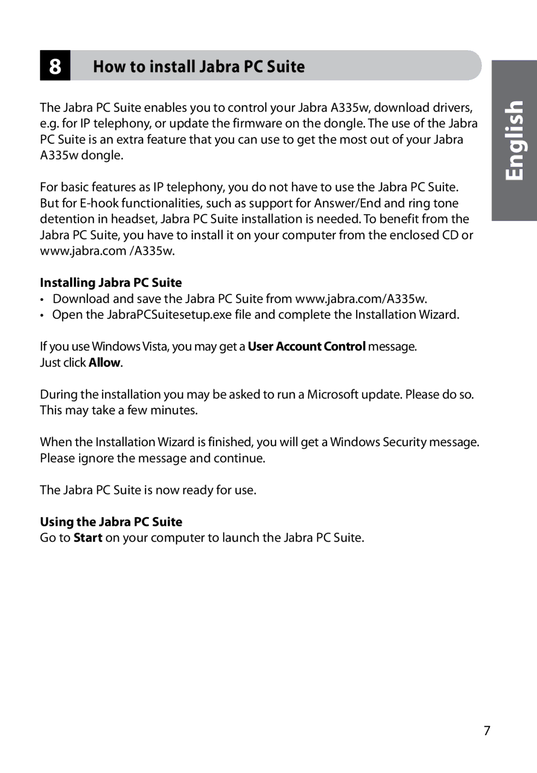 Jabra A335w user manual How to install Jabra PC Suite, Installing Jabra PC Suite, Using the Jabra PC Suite 