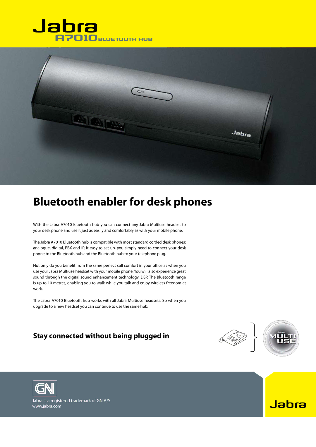 Jabra A7010 manual Bluetooth enabler for desk phones, Stay connected without being plugged 