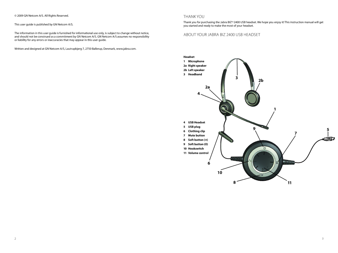 Jabra user manual Thank you About your Jabra BIZ 2400 USB Headset, 811 