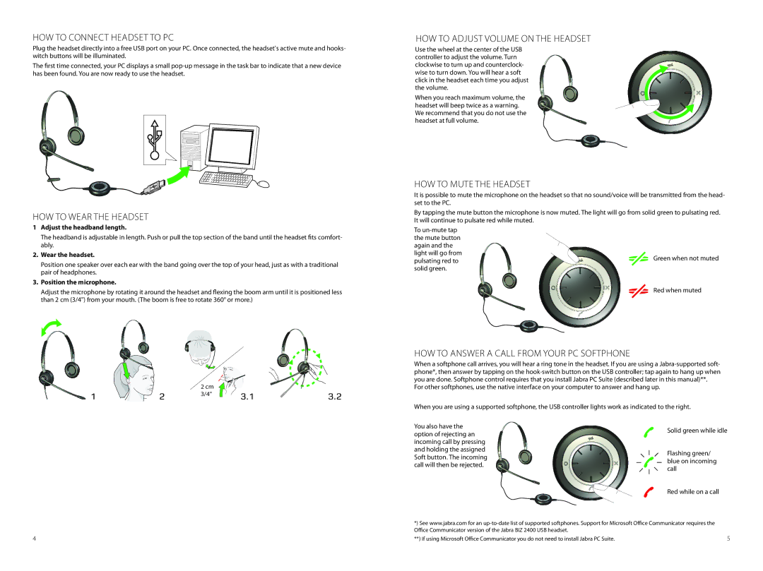 Jabra BIZ 2400 USB user manual How to connect headset to PC, How to adjust volume on the Headset, How to Wear the Headset 