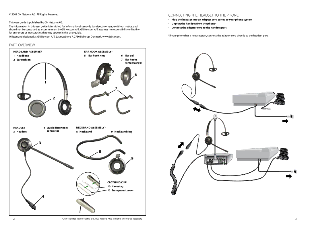 Jabra BIZ 2400 user manual Part overview, Connecting the headset to the phone 