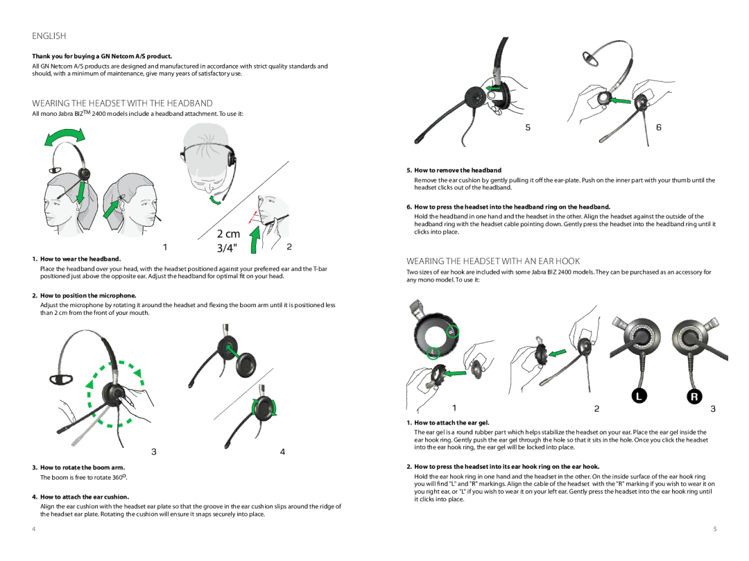 Jabra BIZ 2400 user manual English, Wearing the Headset With the Headband, Wearing the Headset with an Ear Hook 