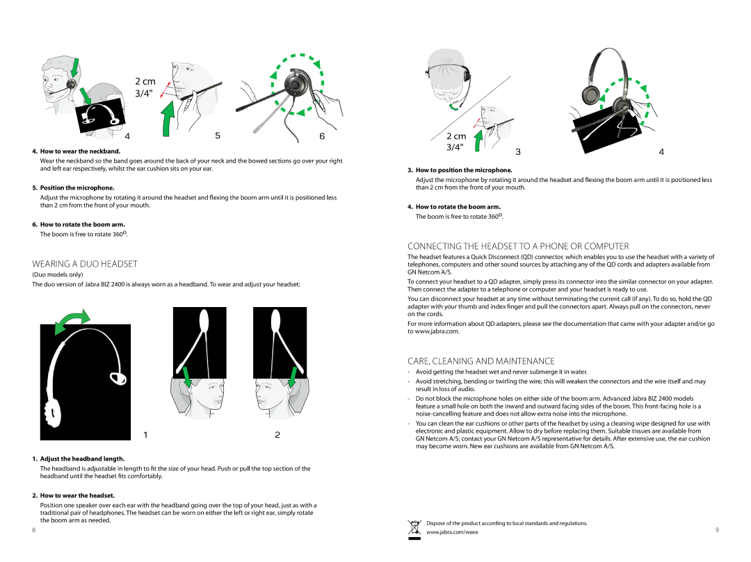 Jabra BIZ 2400 Wearing a Duo Headset, Connecting the Headset to a Phone or Computer, Care, Cleaning and Maintenance 