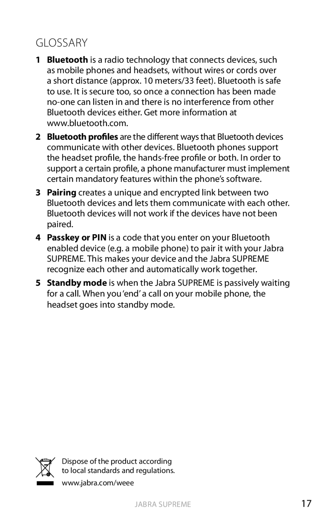 Jabra Bluetooth Headset user manual Glossary 