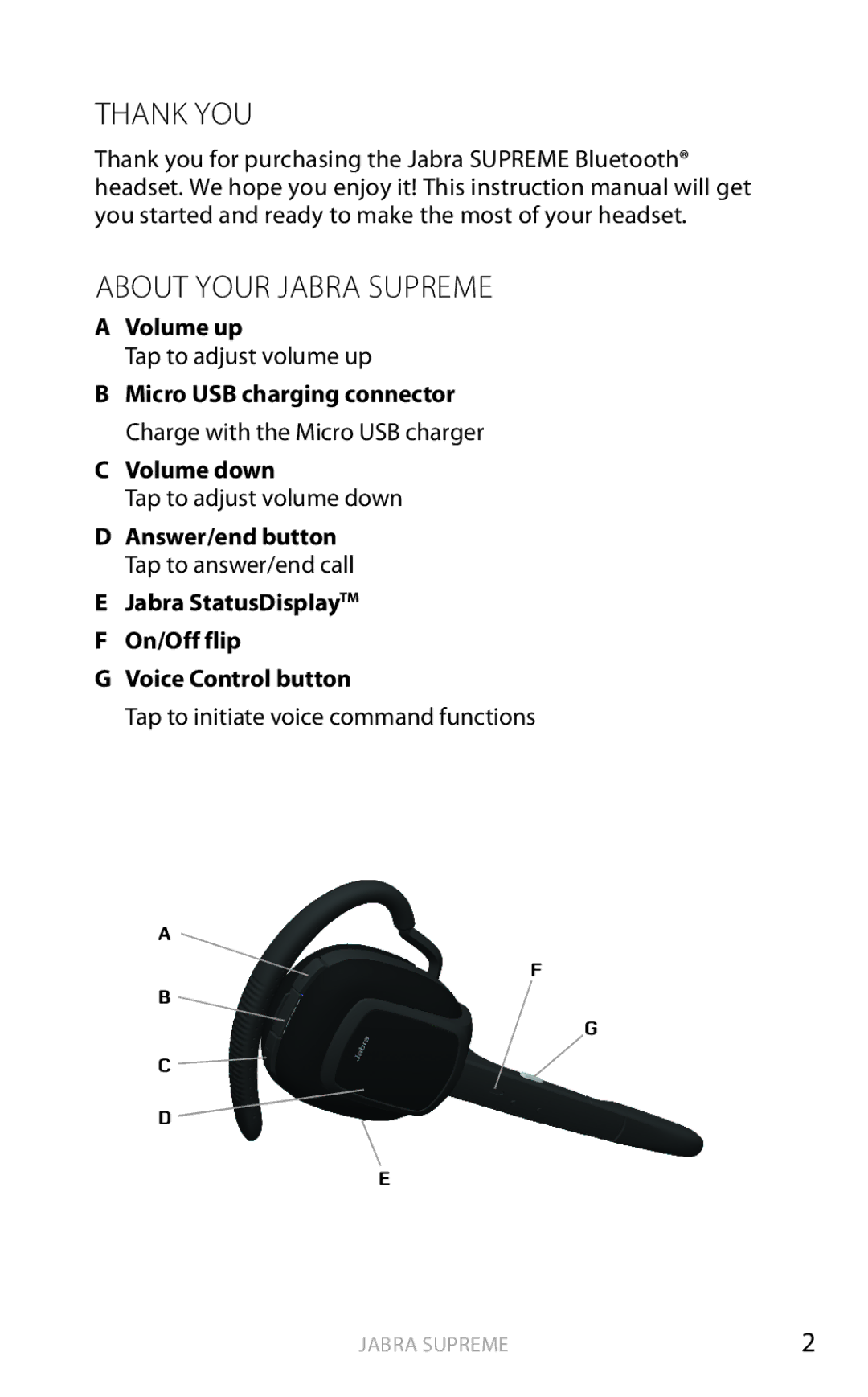 Jabra Bluetooth Headset user manual Thank YOU About Your Jabra Supreme, Volume up, Volume down 