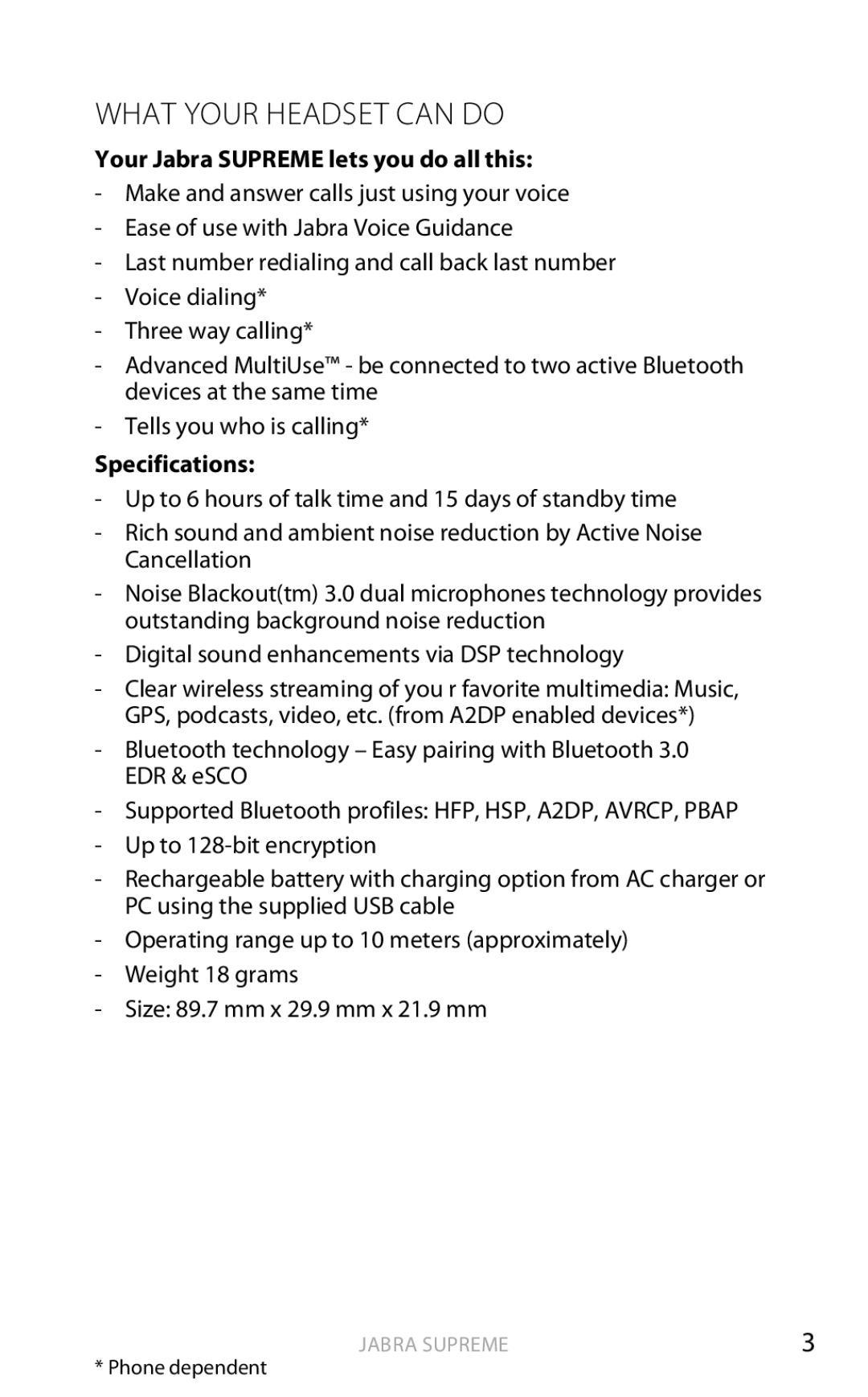 Jabra Bluetooth Headset user manual What Your Headset can do, Your Jabra Supreme lets you do all this, Specifications 