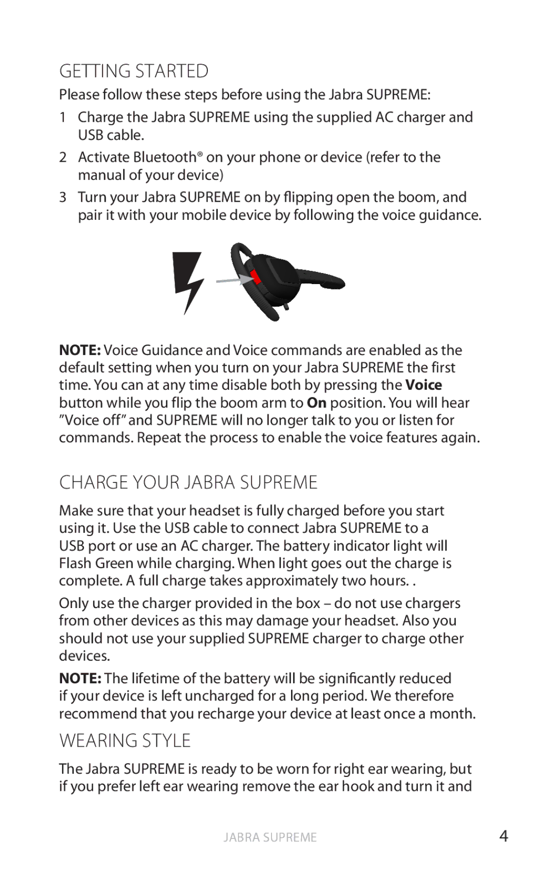 Jabra Bluetooth Headset user manual Getting Started, Charge Your Jabra Supreme, Wearing Style 