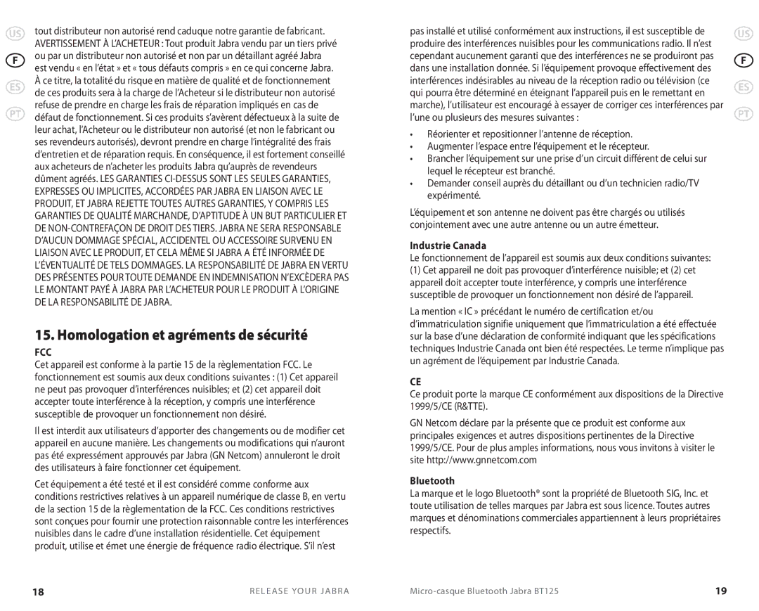 Jabra BT 125 user manual Homologation et agréments de sécurité, Industrie Canada 