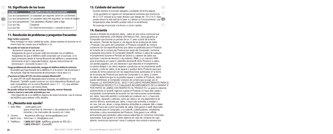 Jabra BT 125 Significado de las luces, Resolución de problemas y preguntas frecuentes, 12. ¿Necesita más ayuda?, Garantía 