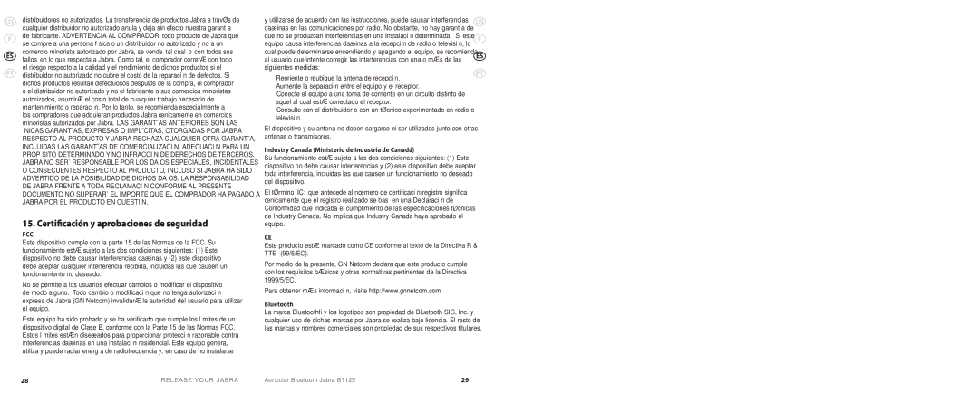 Jabra BT 125 user manual Certificación y aprobaciones de seguridad, Industry Canada Ministerio de Industria de Canadá 