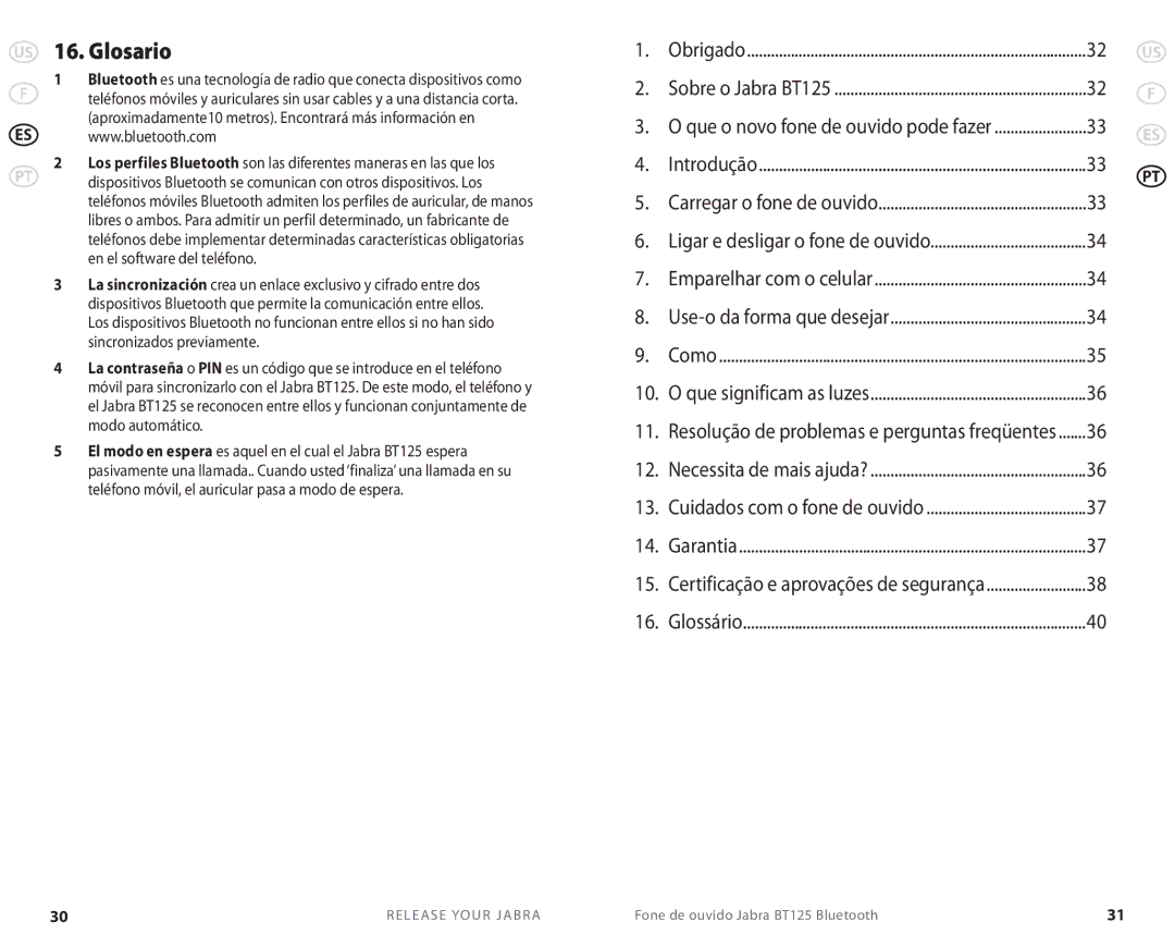 Jabra BT 125 user manual US 16. Glosario, Resolução de problemas e perguntas freqüentes 