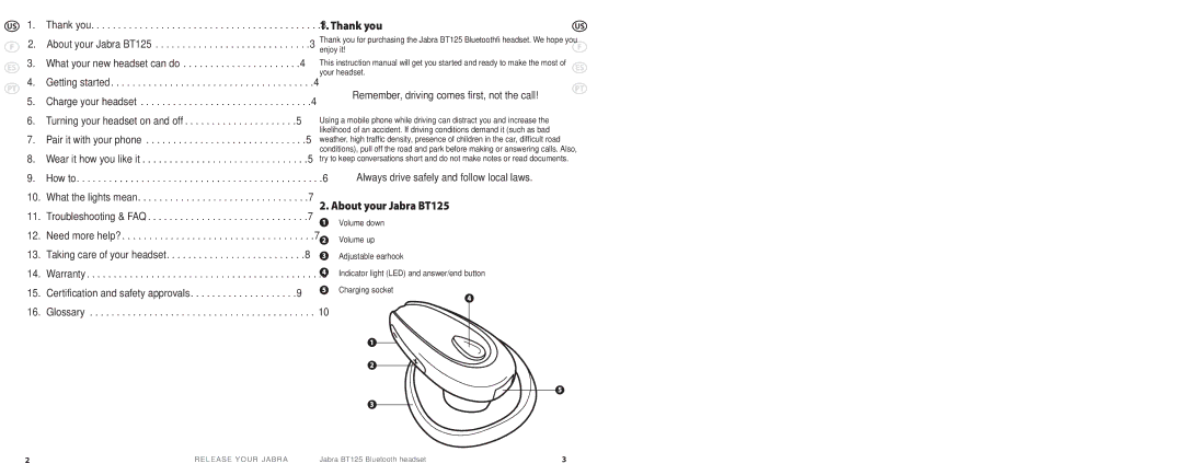 Jabra BT 125 user manual Thank you, About your Jabra BT125 