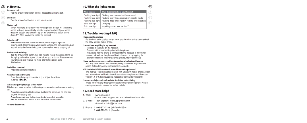 Jabra BT 125 user manual US 9. How to, What the lights mean, Troubleshooting & FAQ, Need more help?, See , 1 