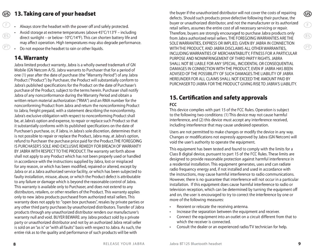 Jabra BT 125 user manual US 13. Taking care of your headset, Warranty, Certification and safety approvals 