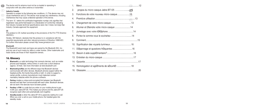 Jabra BT 125 user manual Glossary, Industry Canada, Bluetooth 