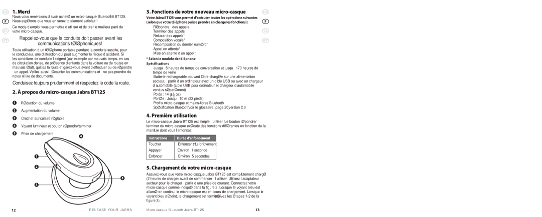 Jabra BT 125 user manual US 1. Merci, Propos du micro-casque Jabra BT125, Fonctions de votre nouveau micro-casque 